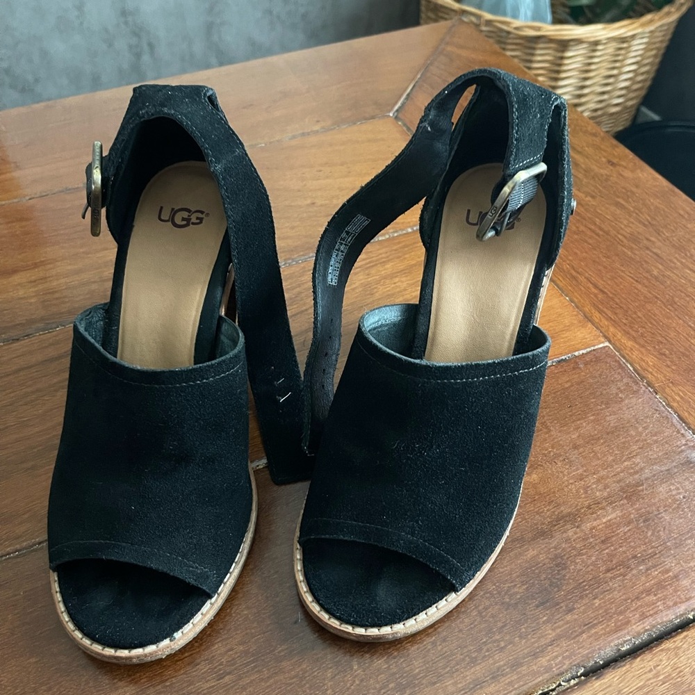 UGG Black Suede Wedge Sandals